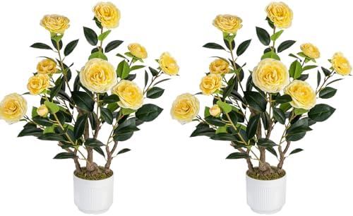 2 Pack Artificial Camellia Tree with White Pot, 24" Faux Potted Plants for Indoor Outdoor Decor, Tall Silk Greenery Plant for Home Office Living Room Balcony, Yellow by Jcezvnt