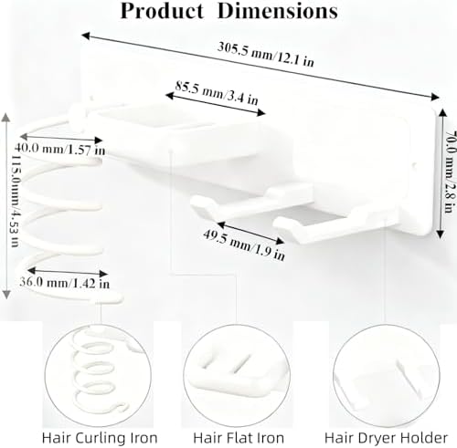 Hair Dryer Holder Wall Mounted Blow Dryer Holder Curling Iron Holder Straightener Holder 3 in 1 Bathroom Metal Hair Tool Organizer Rack (Pure White) - Image 4