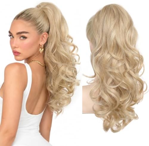 REECHO Ponytail Extension, 18" Clip in Ponytail Hair Extensions for Women, Short Wavy Synthetic Pony Tail Hairpiece for Daily Wear-Medium Blonde with Pale Highlights by REECHO