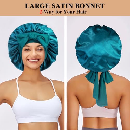 2+3 Large Satin Bonnets with Scrunchies for Women, Hair Bonnet Sleeping Tie Bonnet for Braids Curly Hair - Image 3