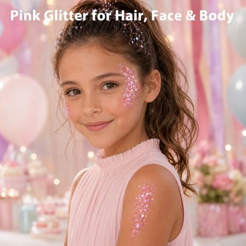 Mysense Pink Body Glitter Stick,Face Hair Glitter Makeup,Sparkling Mermaid Sequins Chunky Glitter Face Paint,Singer Concert Outfit Festival Rave Accessories for Women and Kids - Image 2