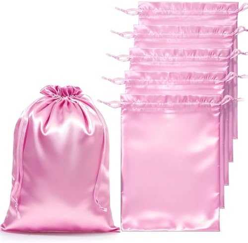 6 Pcs Satin Wig Bags With Drawstring, Silk Hair Storage Bags For Multiple Wigs, Bundles, Extensions, Pink by Unknown