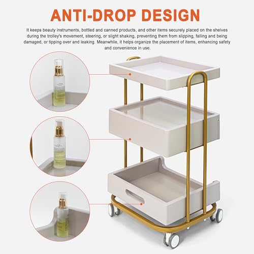 Elitzia 3-Tier Beauty Rolling Cart with Drawer for Salon SPA Grey - Image 6