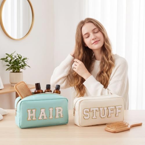 Remerry 4 Pcs Nylon Makeup Bags Waterproof Spacious Travel Cosmetic Bag for Women Chenille Letter Preppy Zipper Pouch Face Stuff Skin Hair Organizer Gift(Dark Green, Light Green, Orange, Yellow) - Image 6