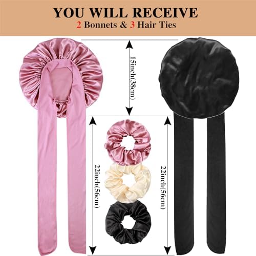 2+3 Large Satin Bonnets with Scrunchies for Women, Hair Bonnet Sleeping Tie Bonnet for Braids Curly Hair - Image 2