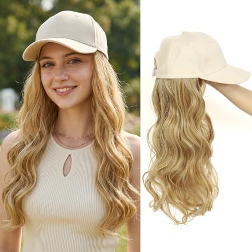 Hat Wig Beige Baseball Cap with Long Wavy Wig Layered Mix Blonde Hair by Yunkang