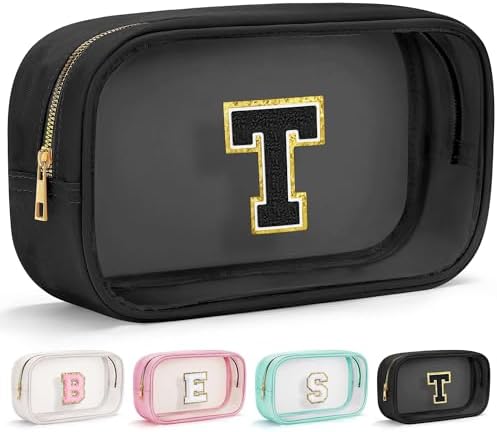 YOOLIFE Travel Toiletry Bag for Women, Black Clear Makeup Bag Cute Make Up Bag for Women Cosmetic Bags Skin Care Makeup Bag Organizer Birthday Gifts for Women Teacher Mother Girlfriend Initial T by YOOLIFE