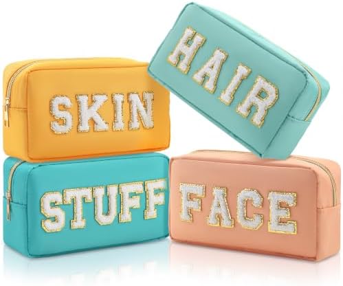 Remerry 4 Pcs Nylon Makeup Bags Waterproof Spacious Travel Cosmetic Bag for Women Chenille Letter Preppy Zipper Pouch Face Stuff Skin Hair Organizer Gift(Blue, Pink, Apricot, Purple) by Remerry