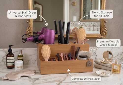 Hair Tools Organizer - Wood Tan - Blow Dryer, Straightener, Curling Wand, Brushes Holder - Vanity & Bathroom Storage - Wall Mount or Sit on Counter - Image 6