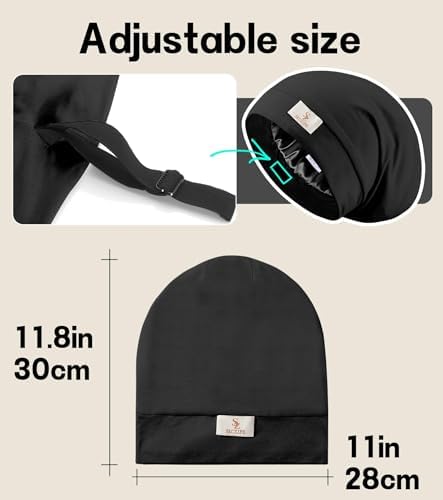 SECZIPE 2pcs Silk Satin Bonnet Hair Wrap for Sleeping, Adjustable Strap Curly Natural Hair Night Caps for Women Men(Black&Black) - Image 4
