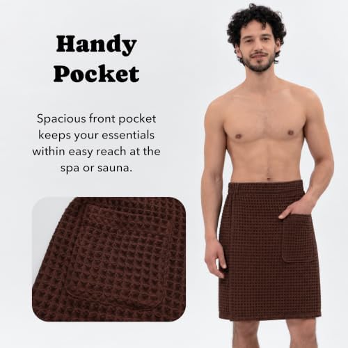 Luxury Organic Japanese Cotton Waffle Body Towel Wrap for Men | Sauna, Spa, Onsen, Shower Towel with Adjustable Snap Closure and Pocket | Ultra Plush 450 GSM (Dark Cocoa, L/XL) - Image 5