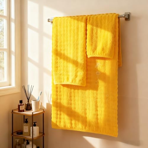 COZYART Lint Free 8 Pcs Bathroom Towels Set Ultra Soft Microfiber Yellow - Image 5