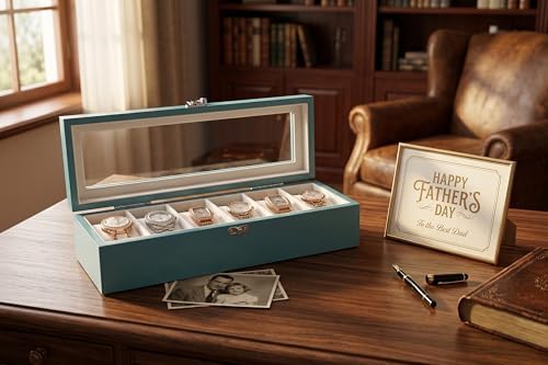 Watch Box, Watch Case for Men Women with Large Glass Lid, Wooden Watch Display Storage Box with 6 - Slots, Ocean Blue Mens Watch Box Organizer - Image 2