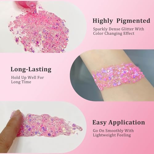 MEICOLY Chameleon Light Pink Body Glitter,Chunky Face Glitter for Halloween,Color Changing Mermaid Face Glitter Gel,Holographic Pink Halloween Hair Glitter for Concerts Festival Party - Image 4