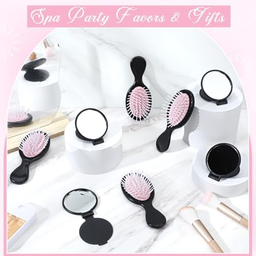 Meanplan 24 Pcs Mini Hair Brush Set Travel Wet Dry Hair Combs Pocket Detangling Compact Folding Makeup Mirrors for Spa Sleepover Birthday Bridal Shower Bachelorette Christmas Party Gift(Black Pink) - Image 4
