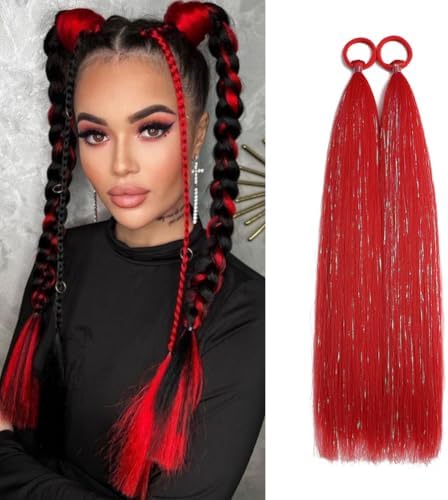 Red Ponytail Extensions, Synthetic Hair Extension for Women Tinsel Extensions Braids for Festival Party Costume Daily Use Ponytail Hair Accessories Christmas Halloween Crazy Days Hair Pieces 2pcs/lot by Szphoxer