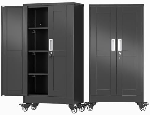 45.6" Metal Garage Storage Cabinet with Wheels and Locking Doors and Tall Rolling Steel Tool Cabinet with 3 Adjustable Shelves for Garage,Home,Office,Shop (Black, 45.6''H x 23.7''W x11.8''D) by AUEYTVR