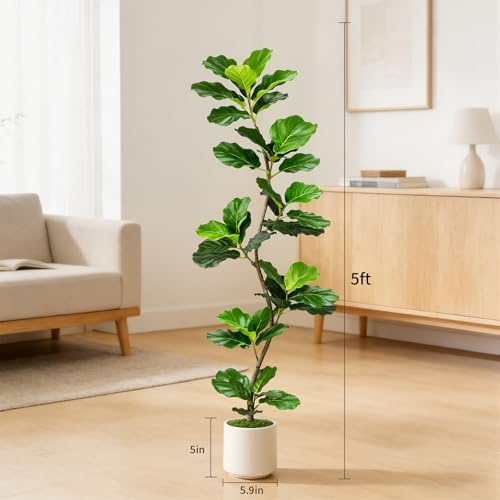 Artificial Fiddle Leaf Fig Tree-5 FT Fake Plant with Nursery Planter,Fake Plants for Home Office Living Room Decor Indoor - Image 2