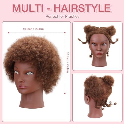 Afro Curly Mannequin Head with 100% Human Hair 10'' Cosmetology Manikin Doll Head for Hairdresser Braiding Practice Hairstyling with Free Clamp Holder-Brown - Image 2