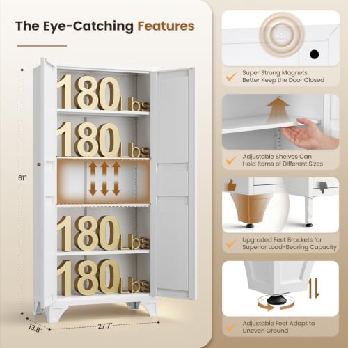 White Kitchen Pantry Storage Cabinets Food Storage Kitchen Cupboard 61" - Image 2