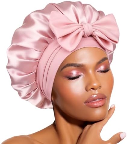 BONNET QUEEN Small Double Layer Silk Bonnet for Sleeping for Women Satin Lined Bonnet Night Cap for Short Thin Hair with Tie Band, Cream Pink by BonnetQueen