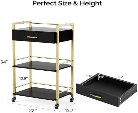 mefeir Salon Trolley Cart for Beauty SPA, Wooden Rolling Storage Station, Mobile Utility Cabinet with 1 Drawer 2 Trays, Medical Esthetic Supply Holder for Massage Tattoo Facials, Black Gold - Image 5