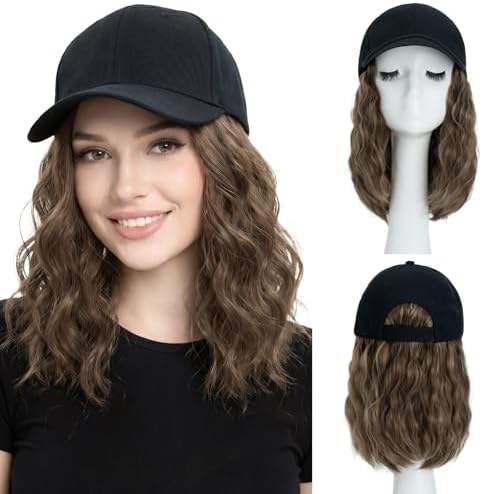 SEGO Baseball Cap with Hair Extensions for Women Heat Resistant Synthetic 8" Adjustable Long Curly Hairpiece Replacement Wigs in Black Hat for Girls 10P22T Medium Brown Mix Dark Blonde by SEGO