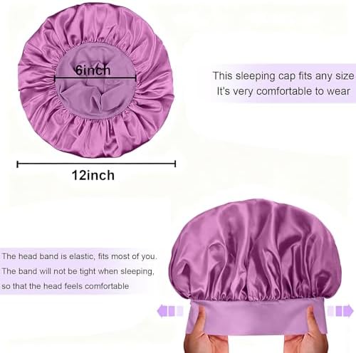 4Pcs Silk Satin Bonnets for Sleeping - Elastic Wide Band Wrap for Black Women Men,Silk Bonnets for Curly Hair,Large Hair Cap for Sleeping (Black+Purple+Blue+Green) - Image 7