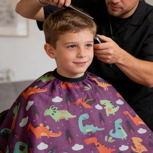 Gealaek Kids Haircut Cape and Neck Duster Brush Set with Dinosaur Pattern Kids Barber Cape 55x40 Inches for Boys & Girls Salon Cape Kit (Purple) - Image 7