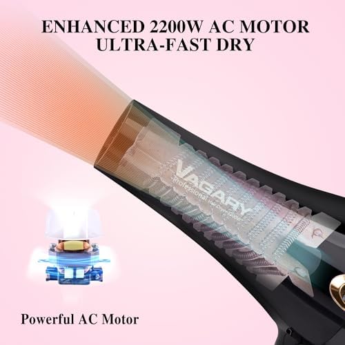 VAGARY Hair Dryer with Diffuser Concentrator, 2200W Professional Salon Ionic Blow Dryer for Frizz Free Smooth Hair, Featuring 2 Speeds and 2 Heat Settings, Cool Shot Button（Gold） - Image 3