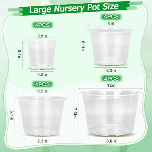 FUIJOL 6/8/10/12 Inch 16 Pack Large Clear Nursery Pots with Drainage - Image 2