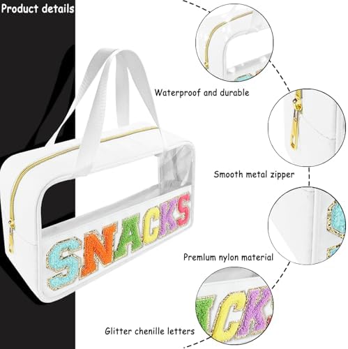 Bunliuys Chenille Letter Clear Makeup Bag Travel Patch, Travel Toiletry Makeup Bag with Handle, Nylon Waterproof Makeup Bags clear cosmetic bag, preppy patch makeup bag for Women (SNACKS-White) - Image 3