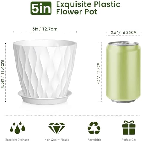 Meowell 5 inch Plant Pots for Indoor Outdoor Plants, 6 Pack Thick Nursery Pots with Drainage Holes and Saucers, 3D Modern Wave Texture Small Plastic Planter Flower Pots for Succulent, Herb, White - Image 2