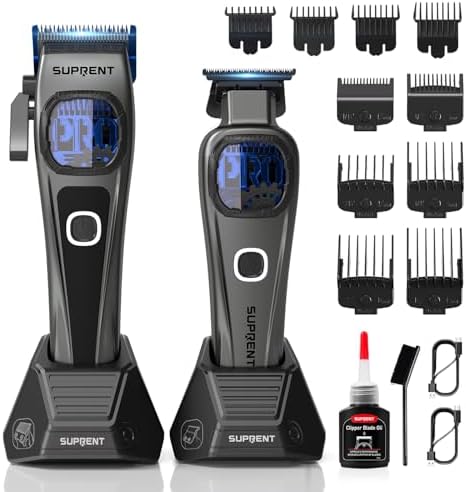 SUPRENT StormGray Professional Hair Clippers for Men - Cordless Barber Clippers & Zero-gapped Trimmer Set, Haircutting Kit with High Performance Motor, Blue Titanium-Coated Blades, Charging Stands by SUPRENT