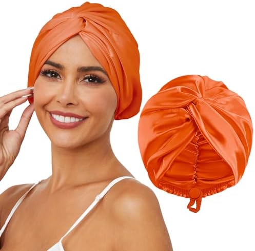 HFRHTGY Adjustable Silk Satin Hair Bonnet for Sleeping, Double Layer Hair Wrap Sleep Cap Turban for Women Men, Curly Straight Braid Unisex (Tangerine Orange 58) by HFRHTGY