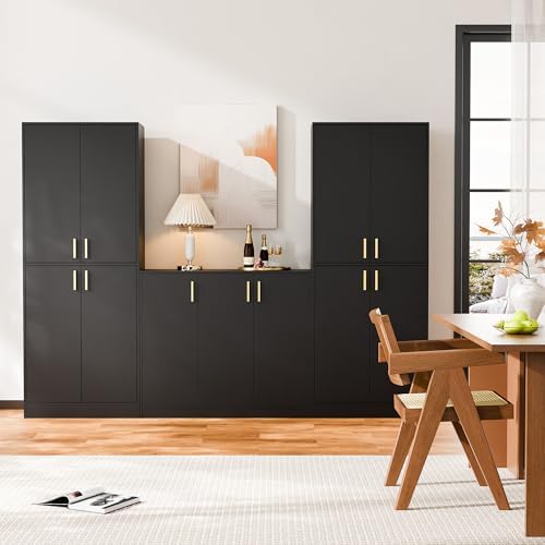 Cozy Castle Kitchen Pantry Cabinet, 71" Tall Wood Storage Cabinet with Doors and Shelves 4 Doors Freestanding Cupboard for Dining Room Living Room Furniture, Black - Image 6