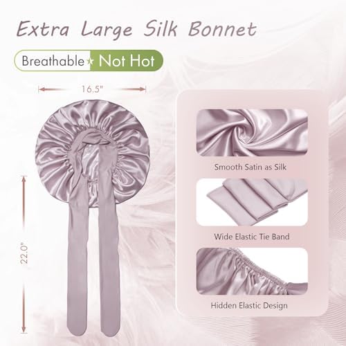 BONNET QUEEN XL Large Silk Bonnet for Sleeping for Women Big Satin Bonnet Night Cap for Curly Hai rwith Tie Band, Single Layer, Large, Rose Gold - Image 3