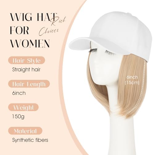 Rich Choices Hat Wigs for Women,White Baseball Cap with Hair Extensions for Women,Short Bob Hairstyle Caps with Hair Attached Adjustable Baseball Cap Wig 6 Inch-Light Blonde with Ash Highlights - Image 2