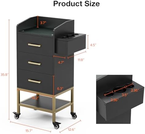 4-Tier Salon Station for Hair Stylist,Black Beauty Barber Storage Station w/Glass Top, 3 Drawers, Hair Dryer Holders, Lockable Wheels for Barber Station, Salon Storage Equipment - Image 4