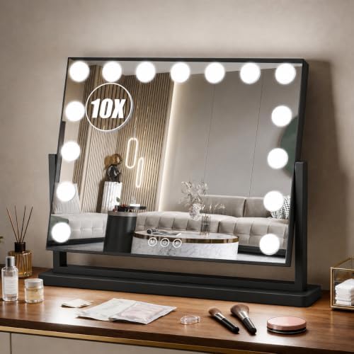 Vanity Mirror with Lights, 23"×19" Hollywood Makeup Mirror with 15 Dimmable Bulbs, 3-Color Lighting, Dimmable, 360° Rotation, 10x Magnification, Desk Mirror, Bedroom (Black) by BEAROLVE