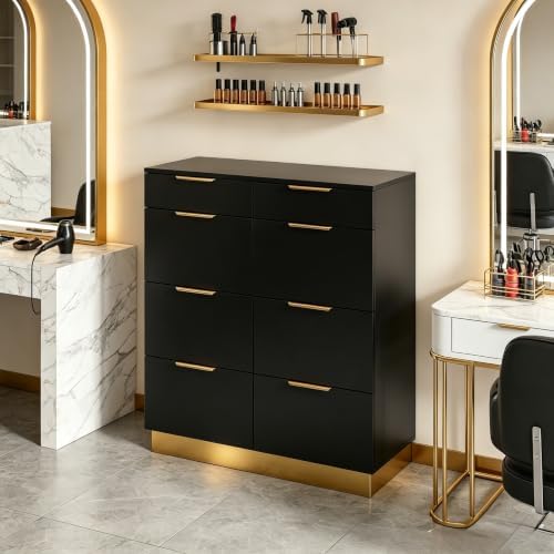 OmySalon Salon Station for Hair Stylist, Free‑Standing Barber Cabinet with 8 Drawers, Large Capacity Beauty Salon Hair Furniture for Barbershop Spa, Black Gold - Image 2