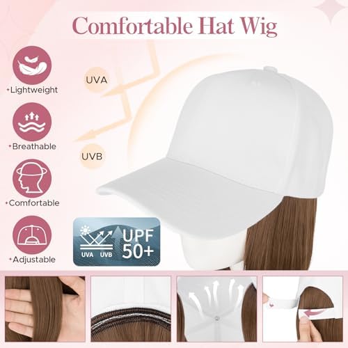 SEGO Baseball Cap with Hair Extensions for Women Heat Resistant Synthetic Hair Attached Short Straight Hairpiece White Baseball Cap Wig Adjustable Hat Wigs for Women 6 Inch 10A Light Brown - Image 2