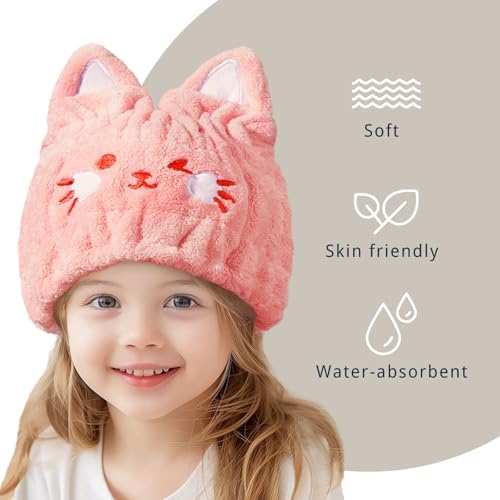 Microfiber Hair Towel Wrap for Kids, Pink Cat Toddler Quick Drying Cap - Image 3
