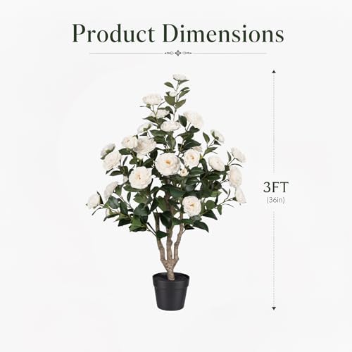 3FT Artificial Camellia Tree 2 Pack, UV Resistant Faux Camellia Plants with Realistic White Flowers, Tall Fake Potted Trees for Front Porch Patio Garden Home Decor, Indoor Outdoor - Image 2