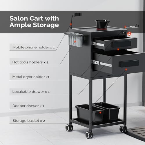 OmySalon Salon Trolley Cart for Hair Stylist, Metal Salon Station with Lockable Drawers, 2 Magnetic Bowls & 2 Storage Baskets, Beauty Barber & Tattoo Cart, Black - Image 4