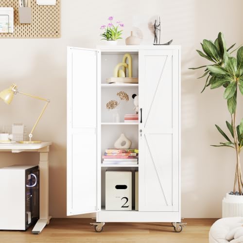 61" Metal Garage Storage Locker Cabinet with Wheels,Rolling White Lockable Tool Cabinet with 2 Doors and 3 Adjustable Shelves, Steel File Cabinet for Home Office Warehouse Gym - Image 2