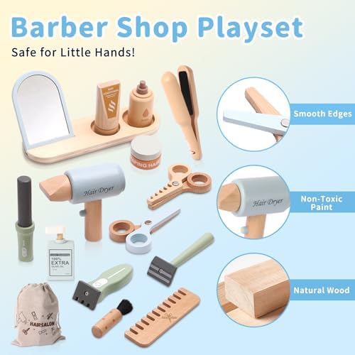 FIIOEOY Wooden Barber Shop Pretend Play Set, Kids Hair Salon Toys Shaving Kit with Blow Dryer, Comb, Shaver, Haircut Role Play Barber Accessories Gift for 3 4 5 Year Olds Boys Girls - Image 2
