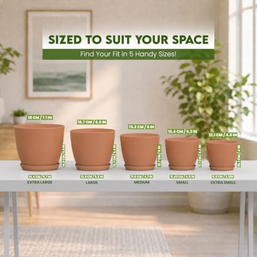 Plant Pots Indoor with Drainage, 5 Pack Multi-Size Planters Set, Terracotta - Image 2
