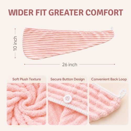 2 Pack Microfiber Hair Towel Wraps, Quick Dry Turbans, White & Pink - Image 2