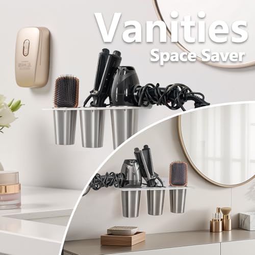 Hair Tool Organizer Wall Mount Hair Dryer Holder with Steel 2 Cups - Image 4